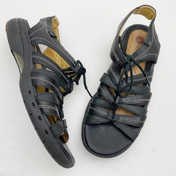 Clarks Unstructured Sandals Flat Strappy Lace Up Black Leather Womens Size 8M - Picture 1 of 6
